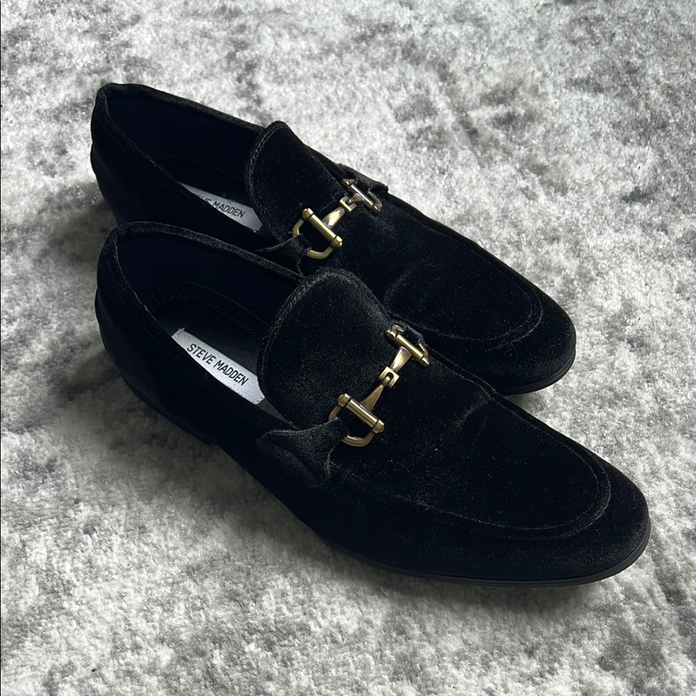 Steve Madden Black Velvet Loafers with Gold Hardware